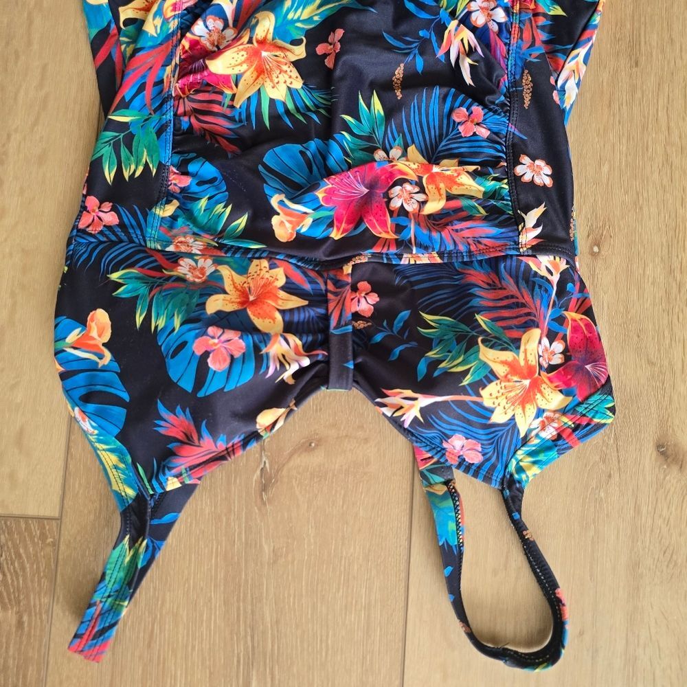 Tempt Me Size M Black Blue Floral Ruched Slimming Suit One Piece Tummy Control - Picture 3 of 7